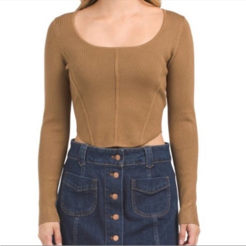 House Of Harlow 1960 Knit Rib Stretch Crop long sleeve Top Small Mocha brown